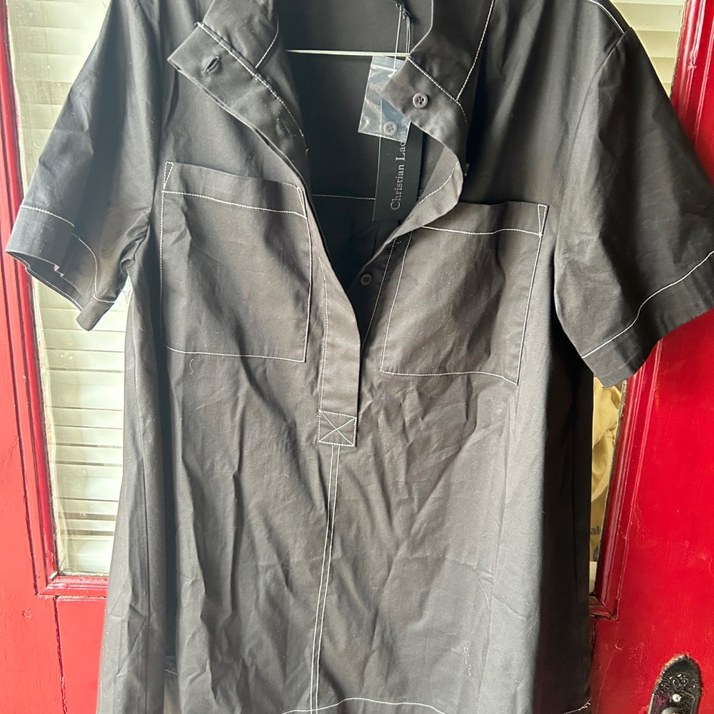 Christian Lacroix Black Short-Sleeve Button-Down Shirt with Contrast Stitching